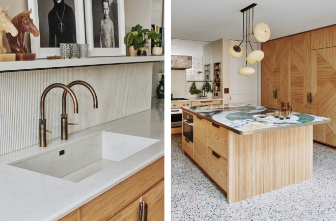 a detailed look at the kitchen sink featuring fluted Ambra quartz of the Camden kitchen 
