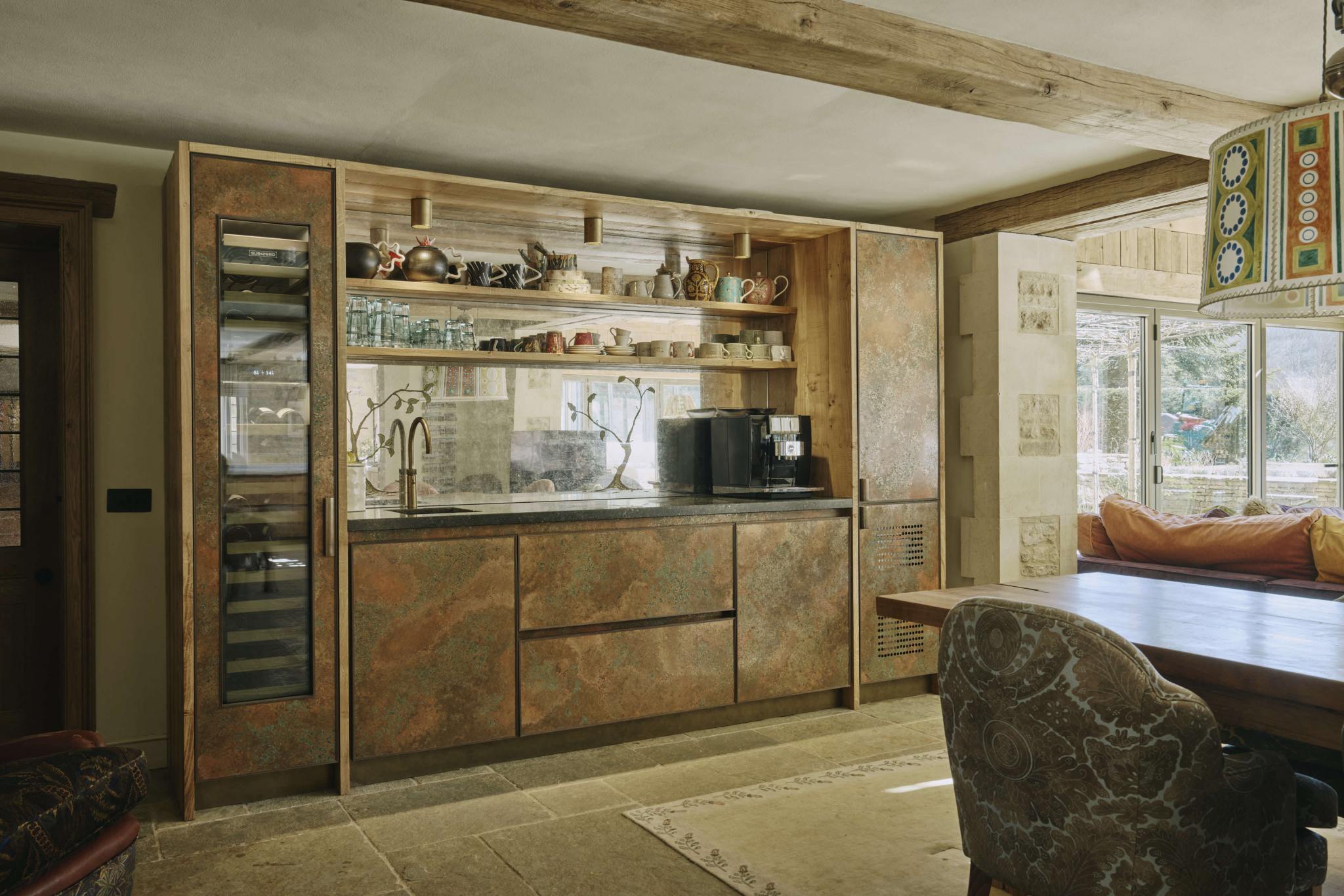 Copper panelled bar and cabinetry in the Cotswolds Kitchen