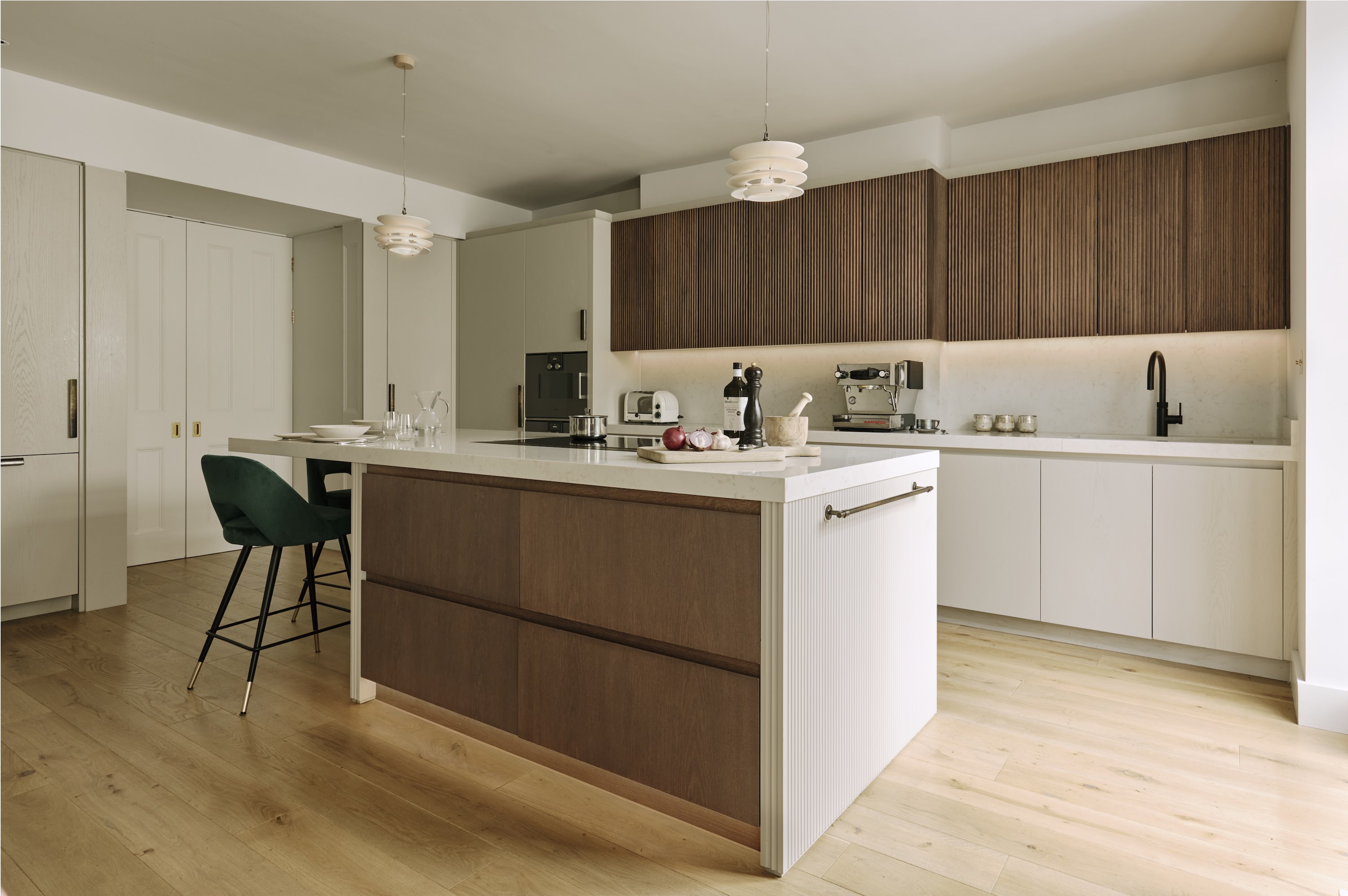 View of split light and dark oak in the Primrose Hill Kitchen