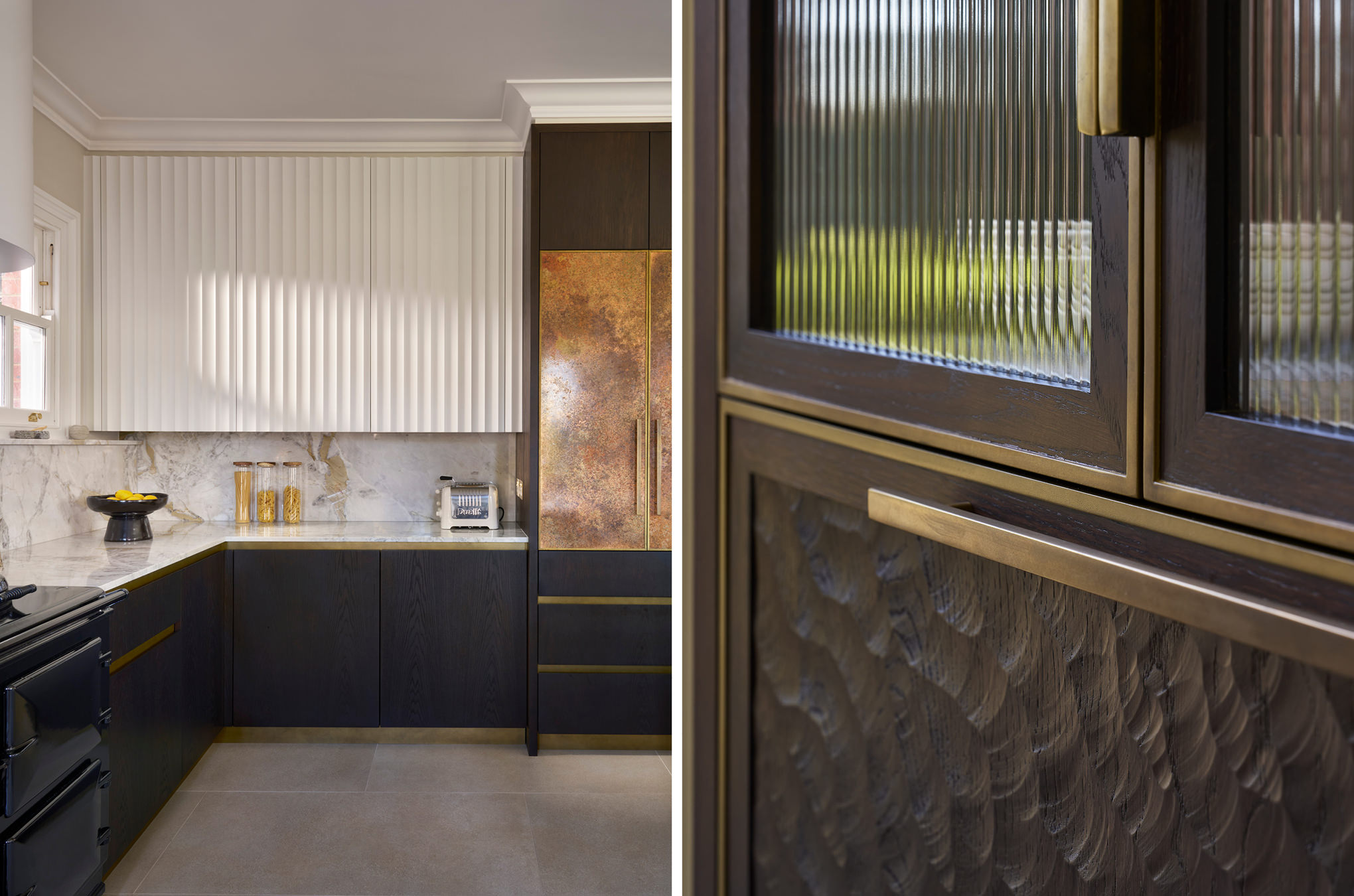 Tall dark cabinetry in Sevenoaks Kitchen and a detail of the choppy water texture and ribber glass panels on the cabinet doors