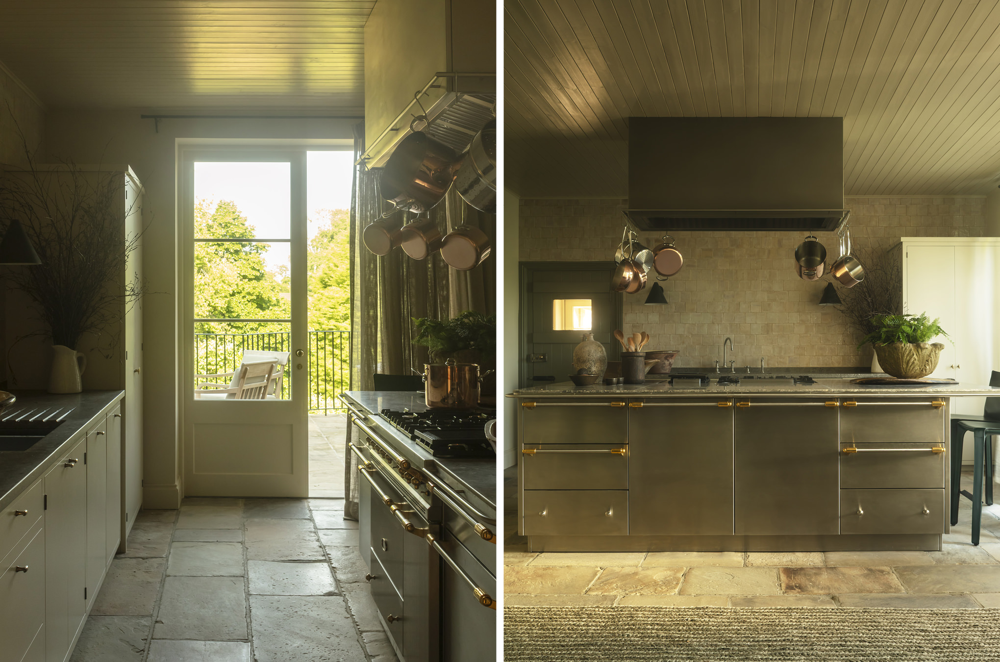 In the Hampshire Kitchen, stainless-steel island is surrounded by hand-painted Shaker cabinetry