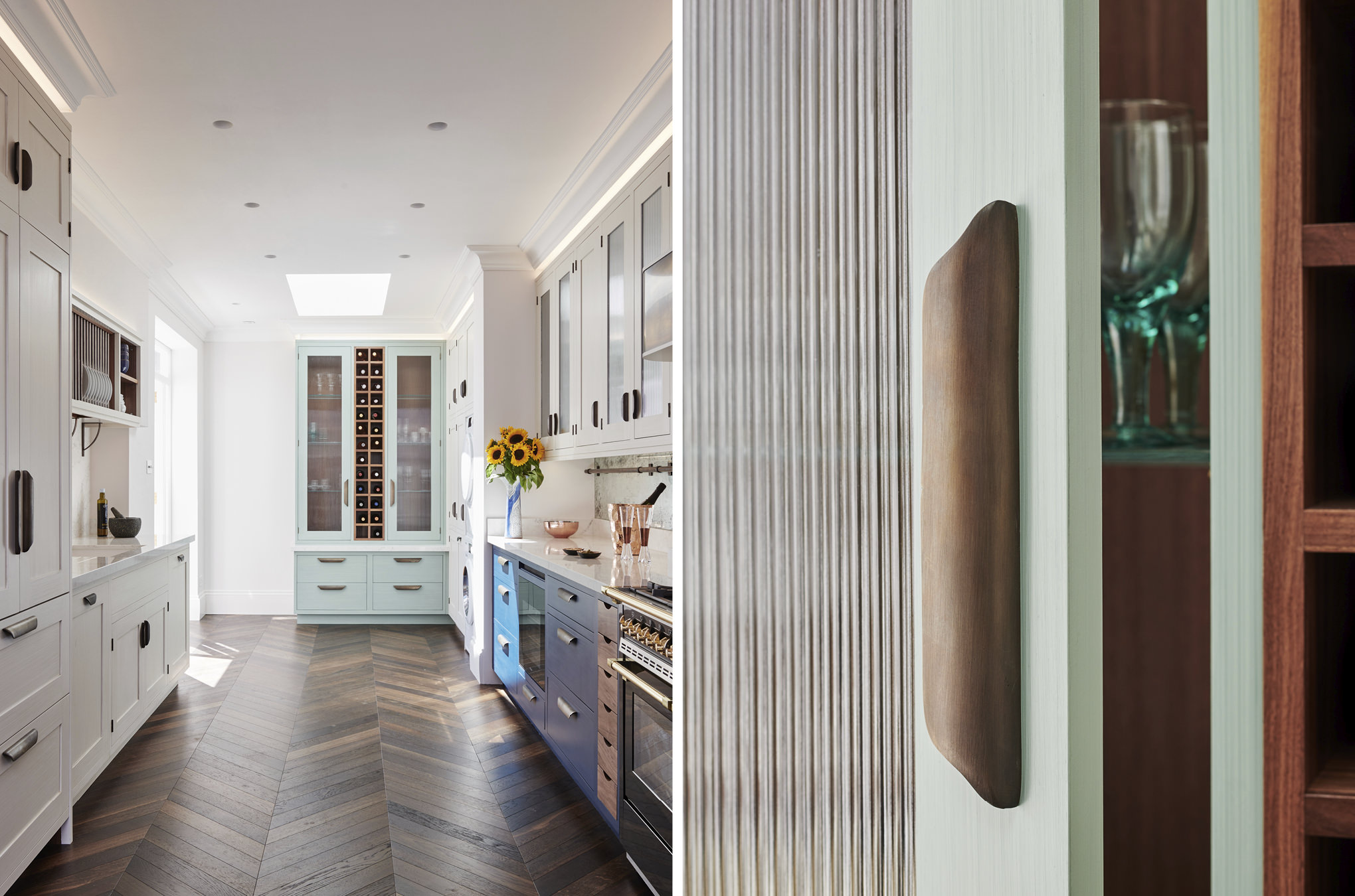 Run of hand-painted Shaker cabinetry with detail of the ribbed glass drinks cupboard