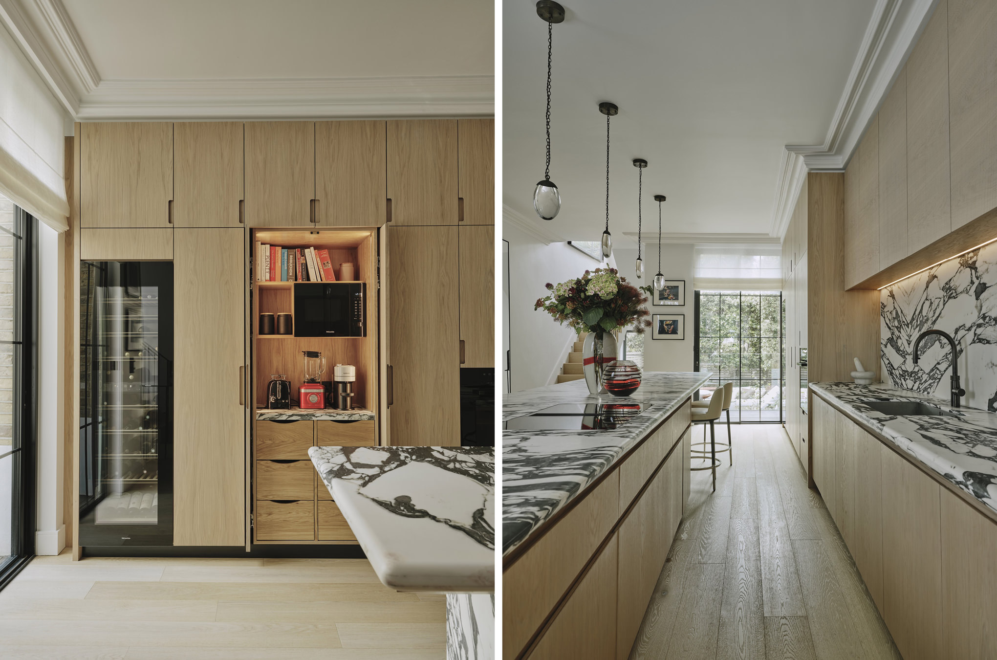 Notting Hill Kitchen run of oak cabinets and built-in pocket door larder