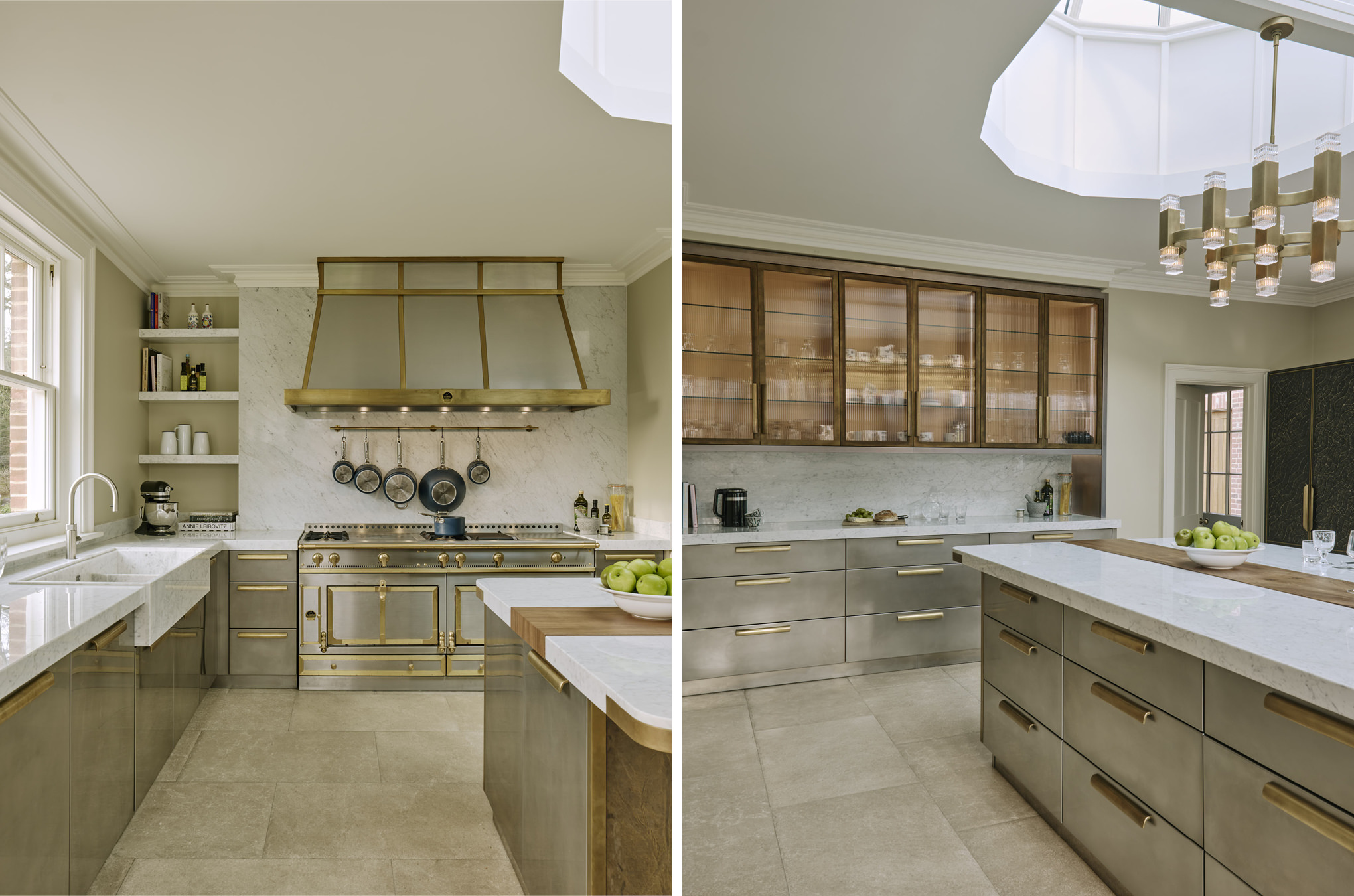 The Oxford kitchen teams brushed stainless steel with aged brass and Carrara marble.