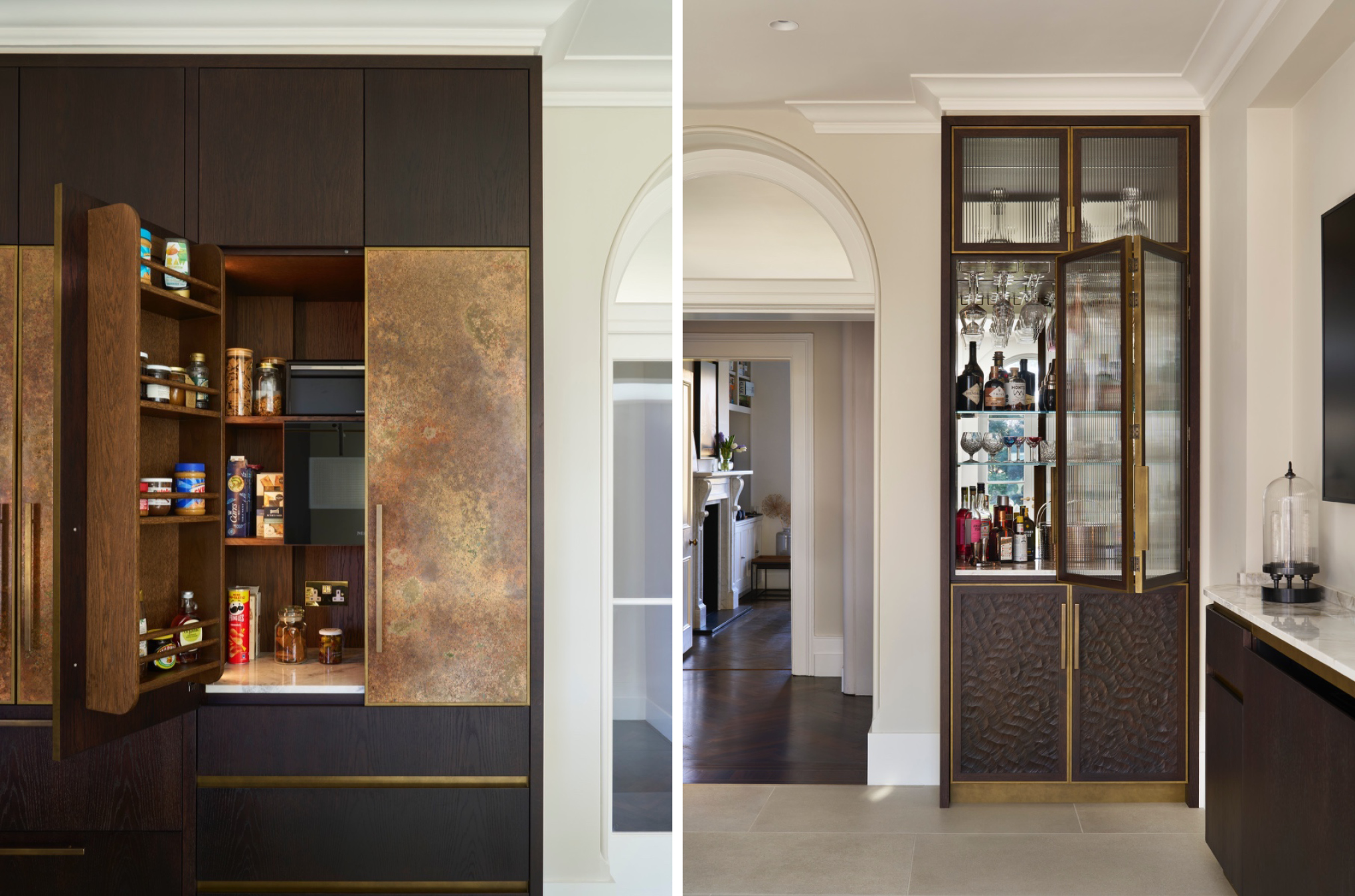Sevenoaks Kitchen dark stained oak and copper panelled built in cabinetry