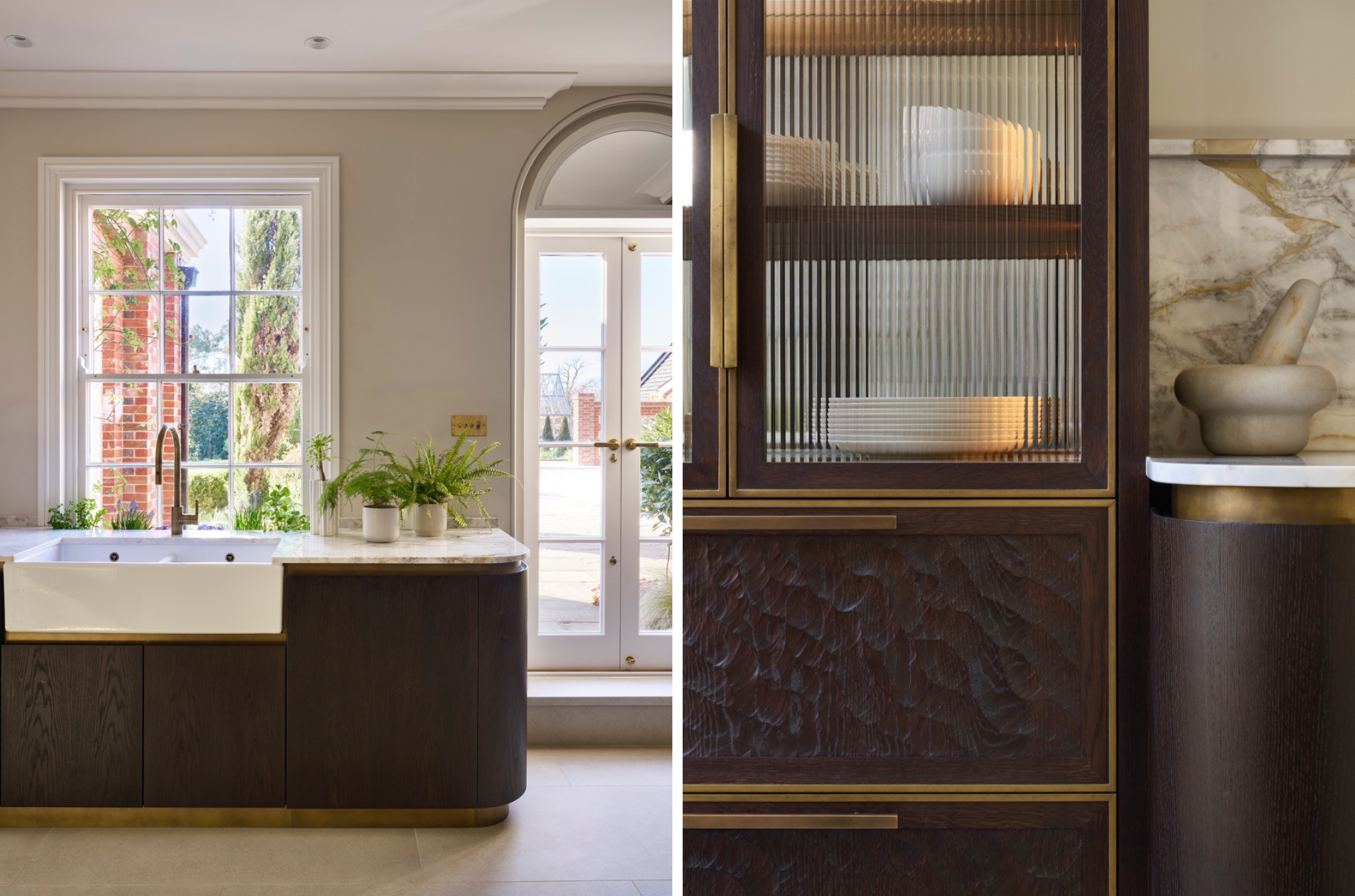 Sevenoaks Kitchen sink and detail of inlaid brass and handles in cabinetry with fluted glass