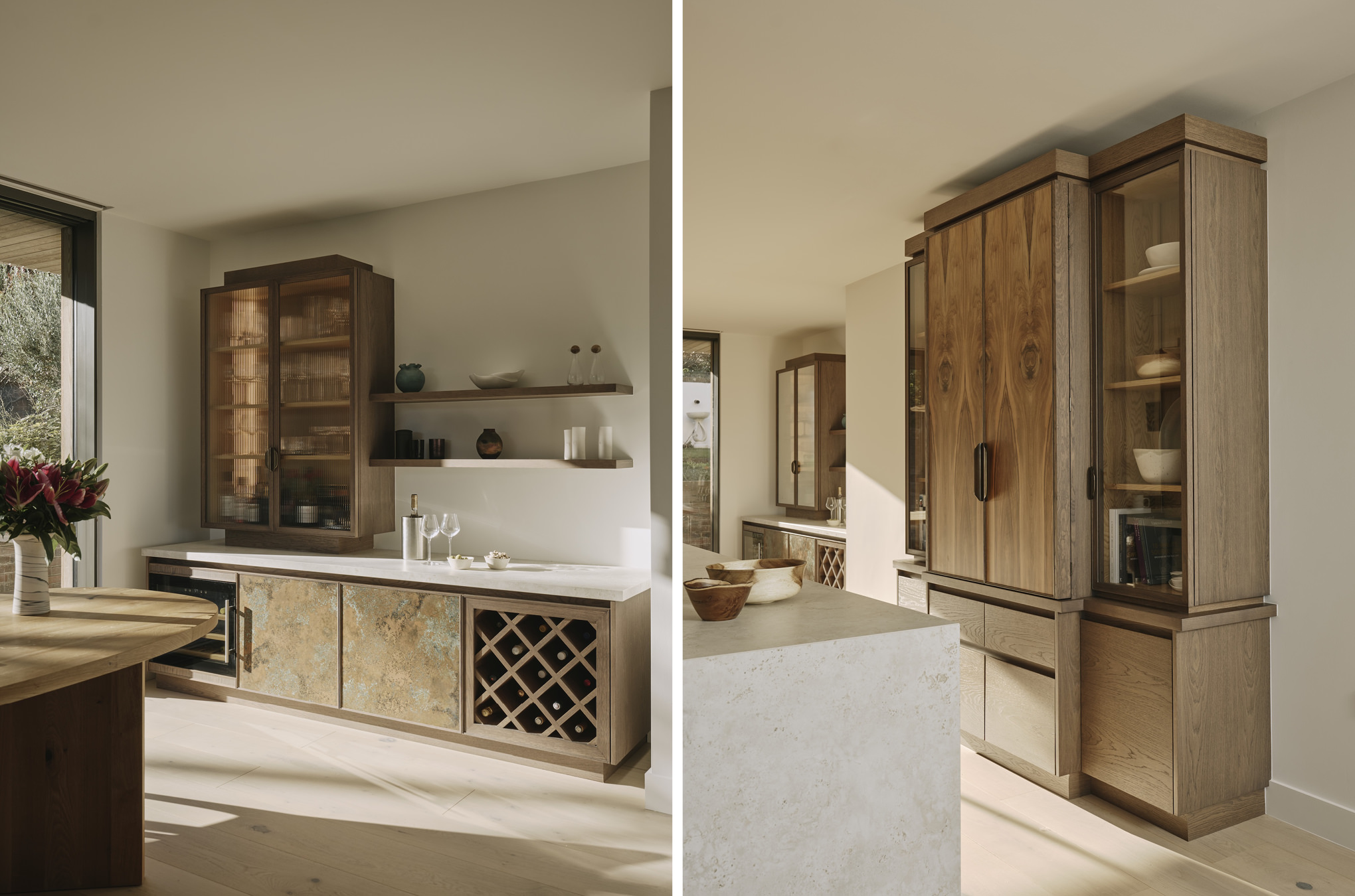 The copper verdigris and oak bar, and walnut book-matched pantry in the Sussex Kitchen